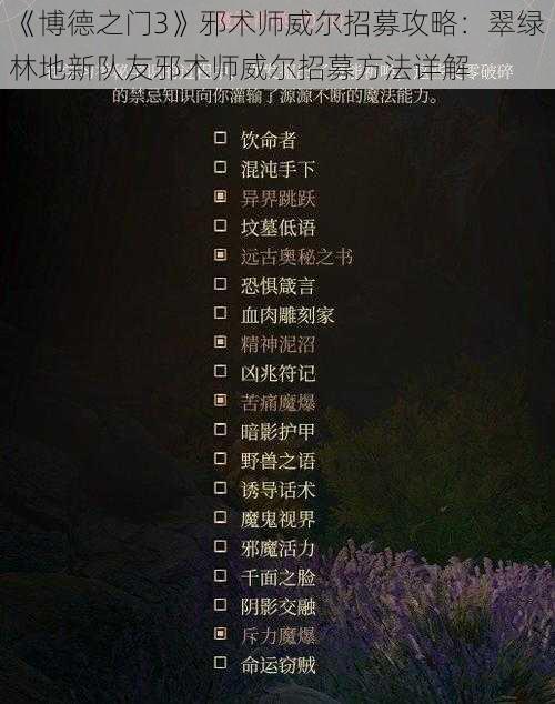 《博德之门3》邪术师威尔招募攻略：翠绿林地新队友邪术师威尔招募方法详解